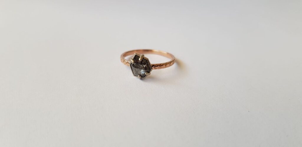 Salt and Pepper diamond set in White Gold on a Rose Gold band