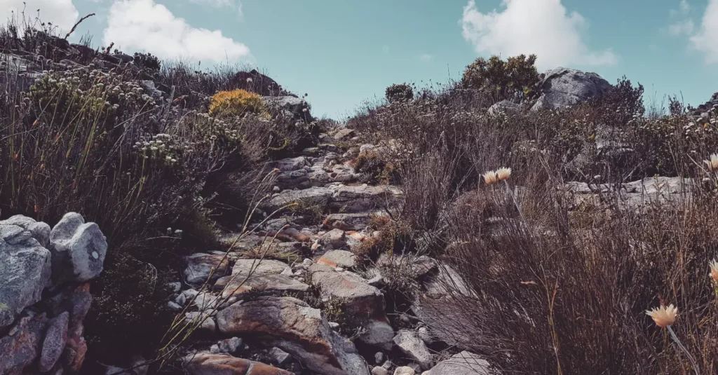 A trail of rocks going up into the sky