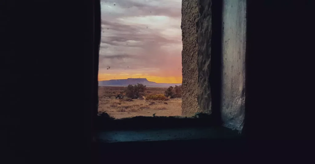 Base camp window sunset